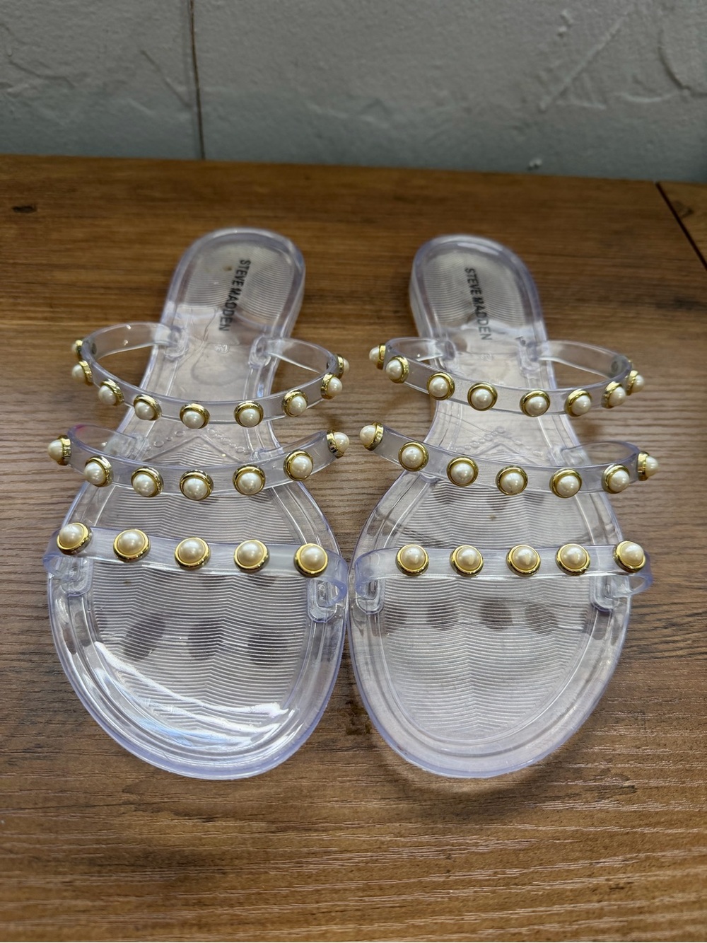 Steve Madden Transparent Jelly Slide Sandals with Gold Pearl Accents 9-9.5
